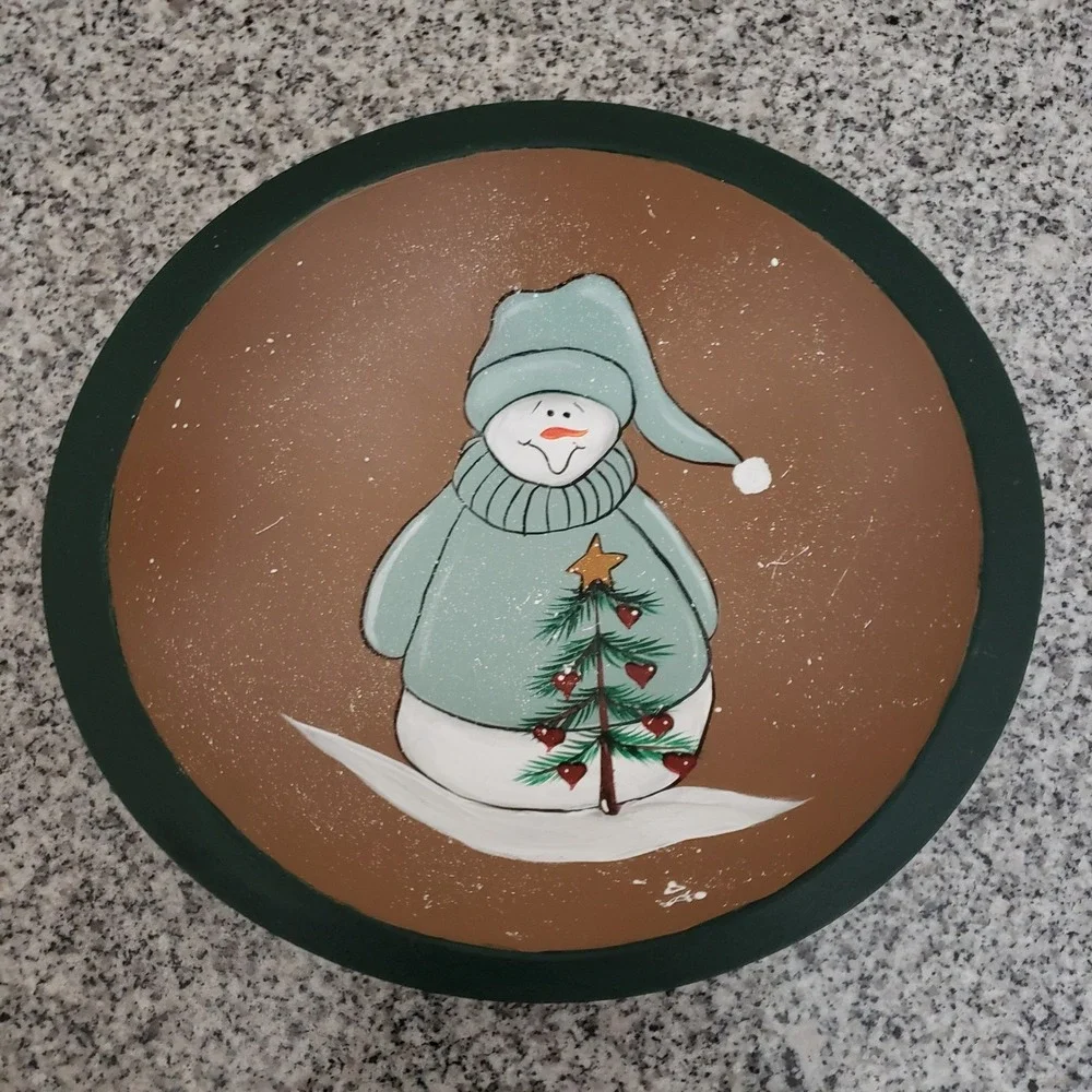 Hand Painted Wood Oval Bowl Folk Art Christmas Snowman Holiday Country Cottage